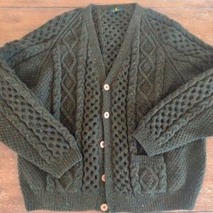 Tivoli Wool Handknit Cardigan Dark Olive Green Confetti Fisherman's Sweater XL